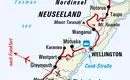 Karte der Tourroute durch Neuseeland Karte zeigt die Reiseroute durch Neuseelands Nord- und Südinsel mit Stopps in Auckland, Wellington, Christchurch und anderen Orten.