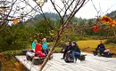Jetzt haben wir uns eine Mittagspause verdient! Reisegruppe bei einer Pause auf Holzplattform in herbstlichem Naturpark