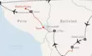 Reiseroute durch Bolivien und Peru Karte zeigt Reiseroute von Santa Cruz, Bolivien, nach Machu Picchu, Peru, mit Zwischenstopps in La Paz und Puno.