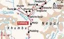 Karte der Everest Komfort Trek Route Karte zeigt die Trekkingroute im Khumbu-Gebiet Nepals, inklusive Orte wie Lukla, Namche Bazar und Pangboche.