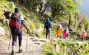 Auf unserem Wanderweg im Himalaya Eine Gruppe von Wanderern im Himalaya auf einem schmalen Pfad inmitten grüner Landschaft.
