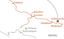 Nepal Reiseverlauf Karte Karte zeigt Route der Nepal-Tour mit Stationen in Kathmandu, Bhaktapur, Gorkha, Kurintar, Pokhara und Chitwan Nationalpark.