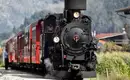 Historische Dampflokomotive in den Alpen Schwarze Dampflokomotive mit roten Waggons auf einer Bahnstrecke in alpiner Landschaft.