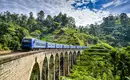 Zugfahrt durch Sri Lankas Teeplantagen Ein blauer Zug überquert eine Brücke in Sri Lankas grüner Landschaft.