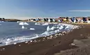 Küstenort auf Grönland mit Eisbergen Bunte Häuser in einem Küstenort mit Eisbergen im Meer in Grönland