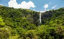 Majestätischer Wasserfall entlang unseres Wanderwegs Beeindruckender Wasserfall inmitten üppiger Vegetation in Sri Lankas Landschaft