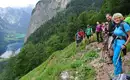 Eine Wandergruppe auf einem Bergpfad mit Blick auf den Königssee und bewaldete Hänge.
