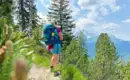 Tolles Alpenpanorama entlang der Etappen Wanderer mit Rucksack auf alpinem Pfad, Berge und Wälder im Hintergrund.