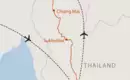 Karte von Thailands Reiseroute Eine Karte zeigt die Reiseroute durch Thailand mit gekennzeichneten Städten Chiang Mai und Sukhothai.