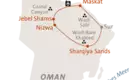 Karte der Oman-Rundreise Karte zeigt die Reiseroute in Oman mit Maskat, Nizwa, Sur und Jebel Shams.