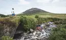 Mitstreiter unserer Gruppe vor einer malerischen irischen Landschaft Ein Wanderer betrachtet die beeindruckende irische Landschaft mit einem Fluss und einem bergigen Hintergrund.