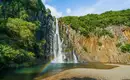 Wasserfall mit Regenbogen auf La Réunion - wer kommt mit zum Schwimmen? Ein beeindruckender Wasserfall mit Regenbogen auf der tropischen Insel La Réunion, grünes Waldgebiet im Hintergrund.