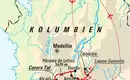 Die Karte unserer Kolumbien Reise Karte von Kolumbien mit markierten Reiserouten und Orten, darunter Bogotá, Cartagena und Santa Marta.