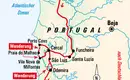 Karte der Wanderroute in Portugal Stilisierte Karte der Wanderroute entlang der portugiesischen Küste, inkludiert sind Sehenwürdigkeiten und Wanderwege.