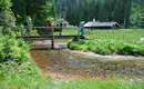 Auf dem Weg zur wohlverdienten Mittagspause Gruppe von Wanderern überquert eine kleine Brücke in den Alpen.