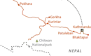Nepal Reiseverlauf Karte Karte zeigt Route der Nepal-Tour mit Stationen in Kathmandu, Bhaktapur, Gorkha, Kurintar, Pokhara und Chitwan Nationalpark.