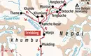 Karte der Everest Komfort Trek Route Karte zeigt die Trekkingroute im Khumbu-Gebiet Nepals, inklusive Orte wie Lukla, Namche Bazar und Pangboche.