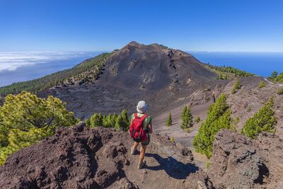 Schwarze Lava, grüne Kiefern und der Atlantik am Horizont – die Ruta de los Volcanes führt mitten durch La Palmas junge Vulkanlandschaft
