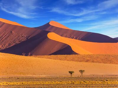 Im Morgen- und Abendlicht leuchten die Dünen von Sossusvlei in intensiven Rot- und Orangetönen – ein unvergessliches Erlebnis in der Namib-Wüste