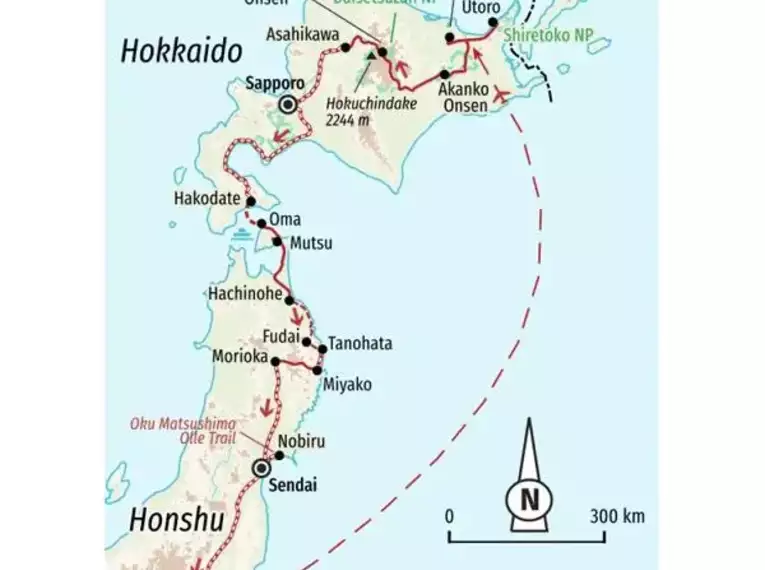 Karte unserer Reiseroute durch Japan Reiseroute von Hokkaido bis Tokyo, markiert mit Orten und Wegen.