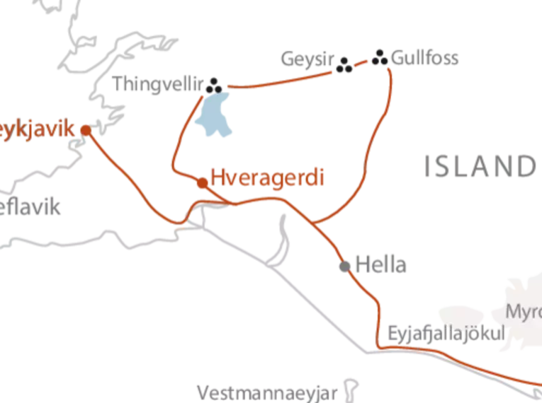 Karte der Island-Wandertour Kartendarstellung der Route für die Island-Wandertour mit Stopps in Reykjavik, Gullfoss, Thingvellir und weiteren Orten.