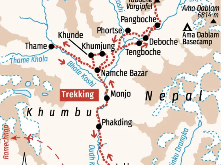 Karte zeigt die Trekkingroute im Khumbu-Gebiet Nepals, inklusive Orte wie Lukla, Namche Bazar und Pangboche.