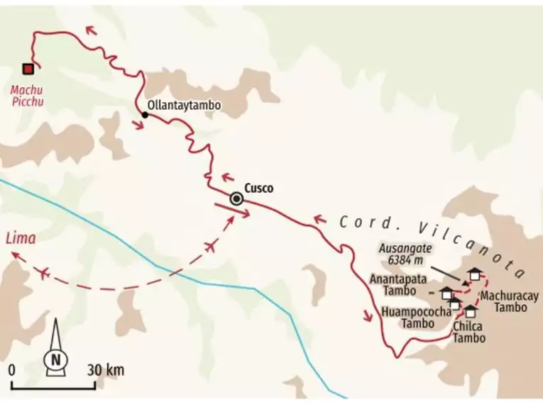 Karte von Peru, showing Trekkingroute in Cordillera Vilcanota.