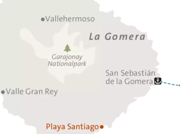 Kartenübersicht La Gomera Karte von La Gomera mit Vallehermoso, Valle Gran Rey, Playa Santiago und San Sebastián de la Gomera.