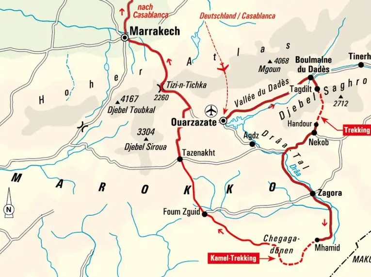 Trekkingroute im Süden Marokkos Karte der Trekkingroute durch das Saghro-Gebirge und die Sahara in Marokko