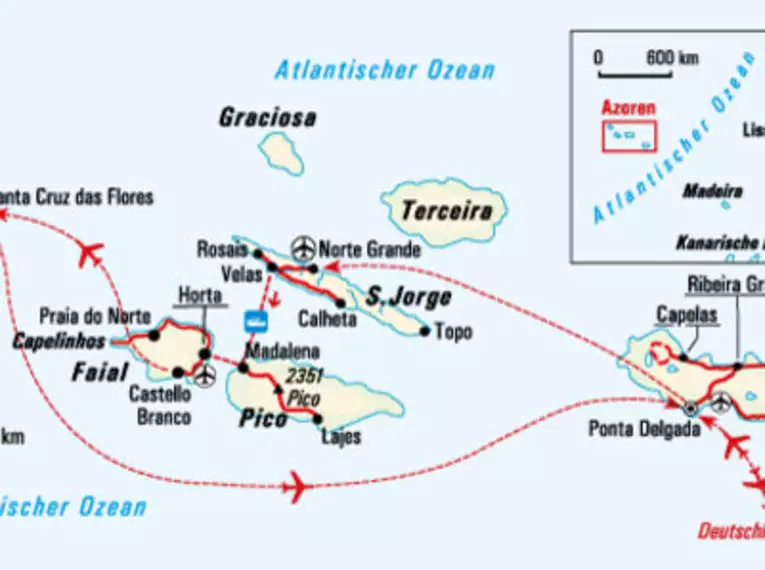 Karte der Azoreninseln mit Reiseverlauf. Routen zu Ponta Delgada, S. Jorge, Pico, Faial und Flores sind markiert.