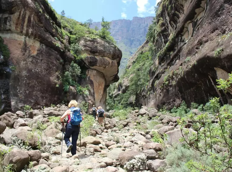 Wanderung in den Drakensbergen Wanderer erkunden eine felsige Schlucht in den Drakensbergen.