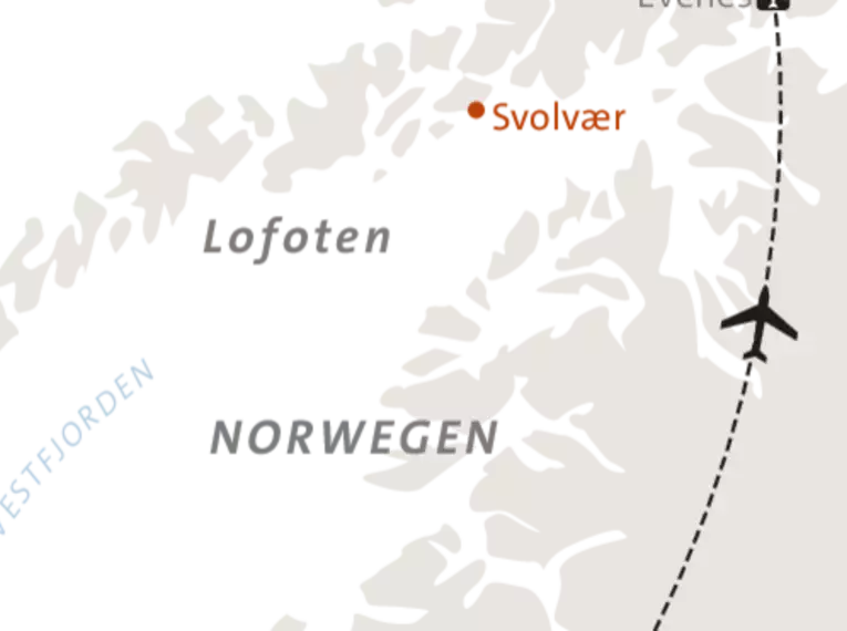 Karte der Skitour auf den Lofoten Karte der Lofoten mit Flugroute nach Svolvær und den Skitourenrouten.