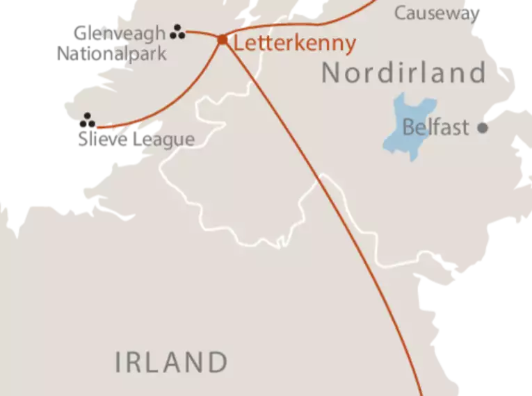 Routenkarte von Irland Karte zeigt die Reiseroute in Irland und Nordirland mit Letterkenny, Glenveagh Nationalpark und Belfast.