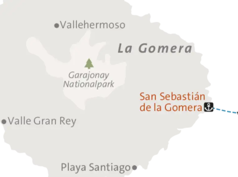 Karte von La Gomera mit San Sebastián, Valle Gran Rey und Garajonay Nationalpark.