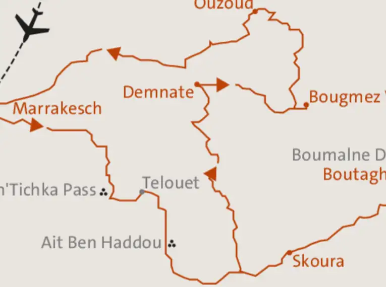 Karte der Tour von Marrakesch bis zum Bougmez-Tal und zurück über Skoura.