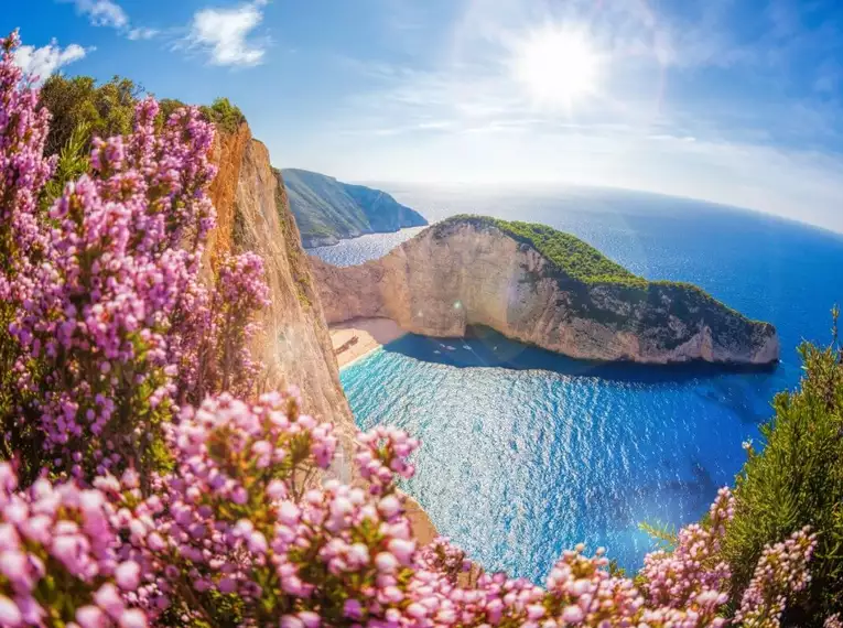 Atemberaubende Küstenlandschaft auf Zakynthos Sonnenbeschienene Klippen und blaues Wasser auf Zakynthos mit Blumen im Vordergrund.