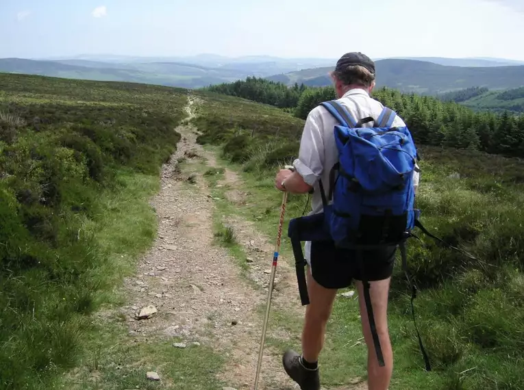Wandern auf dem Wicklow Way in Irland Ein Wanderer auf einem Pfad im Wicklow Way mit Rucksack, umgeben von grüner Landschaft.