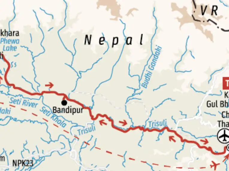 Karte zeigt Trekkingroute durch Nepal von Kathmandu durch Annapurna-Region.