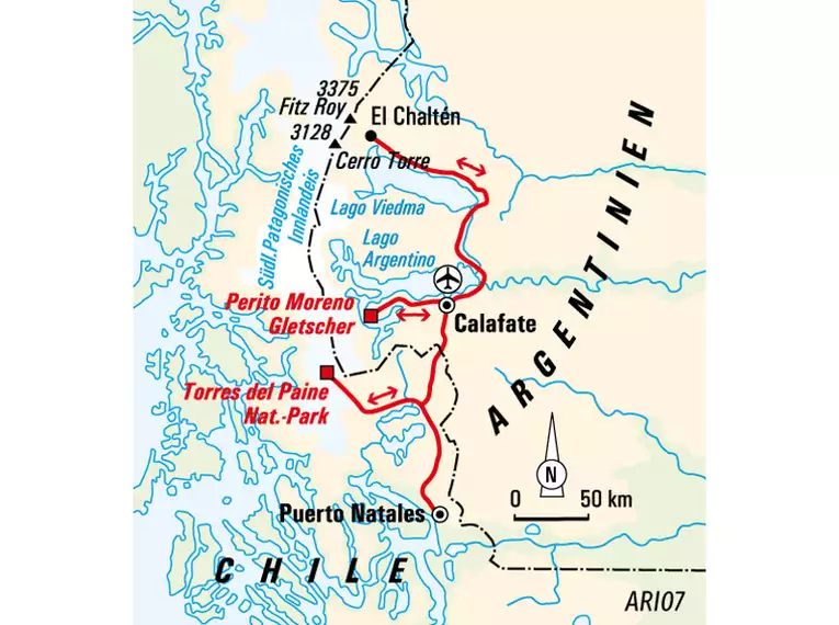 Karte zeigt W-Trek in Torres del Paine, Chile.