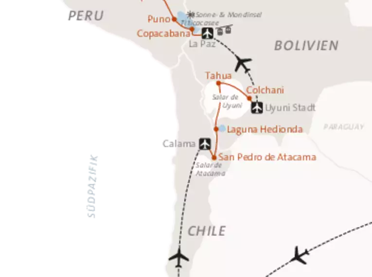 Karte zeigt Reiseroute von Santiago, San Pedro, Uyuni, La Paz, Copacabana, Puno, Cusco, Machu Picchu nach Lima.