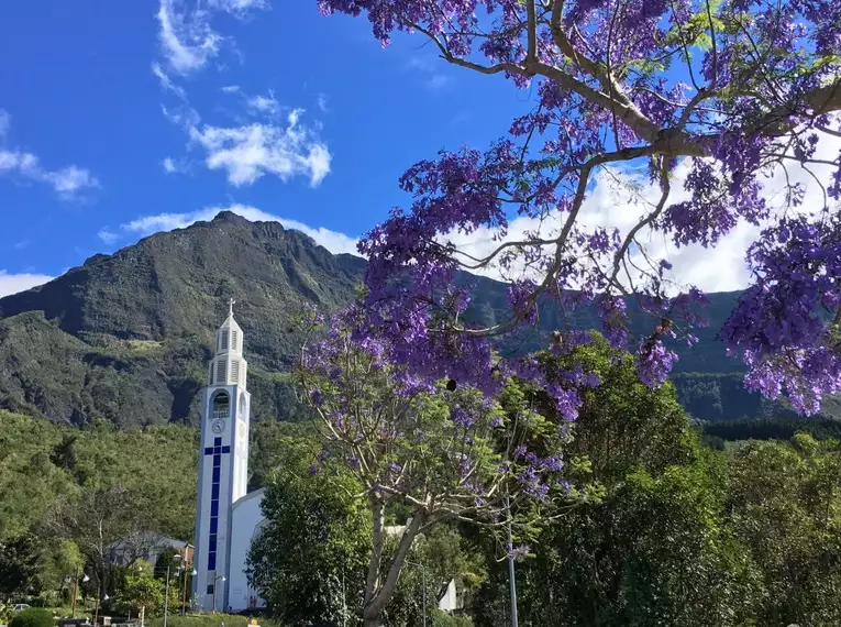 Weiße Kirche mit Berg und blühendem Baum auf La Réunion.
