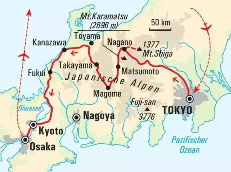 Reiseroute durch die Japanischen Alpen Karte der Reiseroute von Tokyo nach Kyoto durch die Japanischen Alpen.