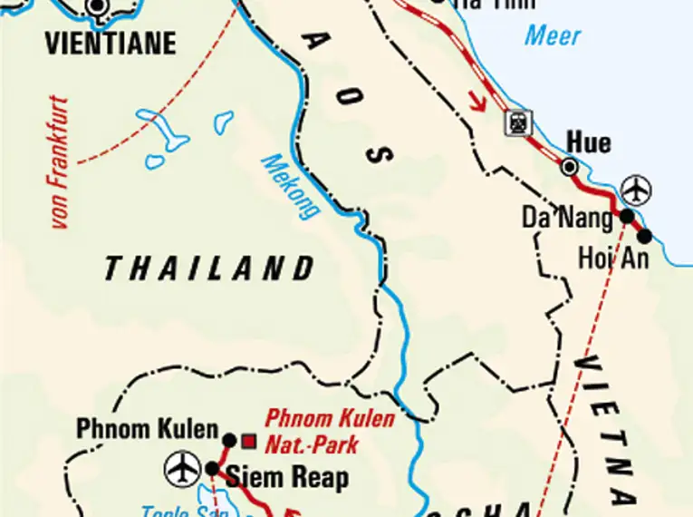 Reiseroute von Hanoi über Saigon bis Phnom Penh, Siem Reap in Vietnam und Kambodscha.