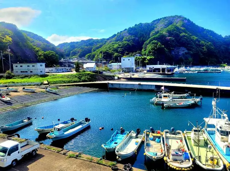 Kleiner Hafen mit Fischerbooten Kleiner Hafen mit Fischerbooten, umgeben von grünen Hügeln, blauem Himmel und Wasser in Japan.