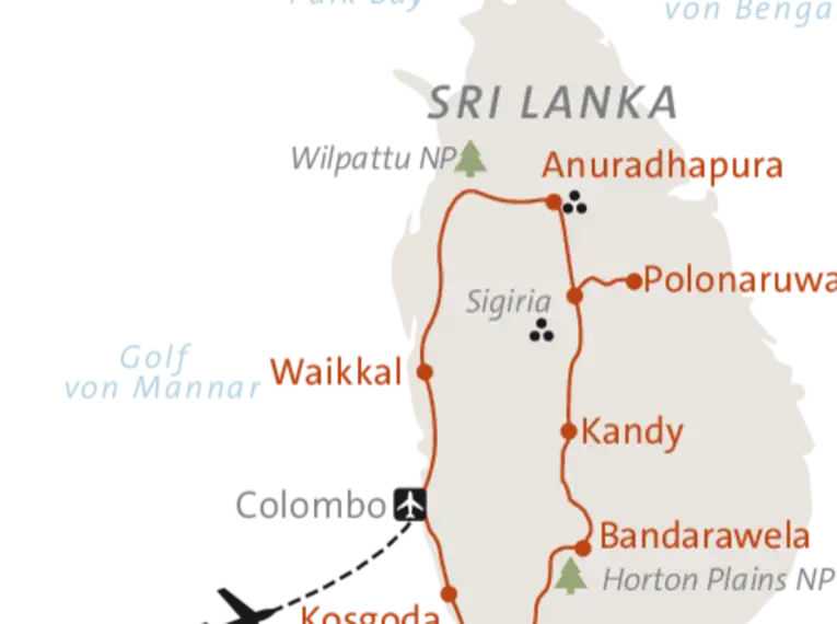 Karte von Sri Lanka mit markierten Städten und Routen.