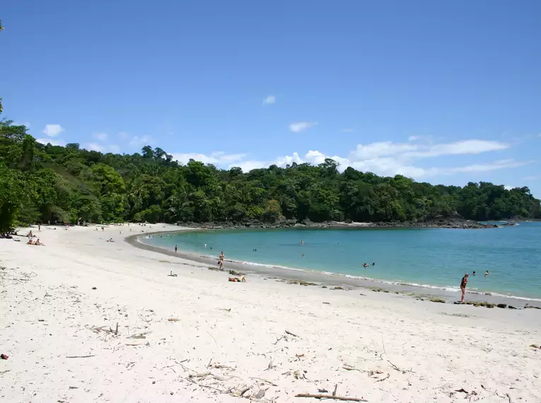 Tropischer Strand mit blauem Wasser und grüner Vegetation in Costa Rica.