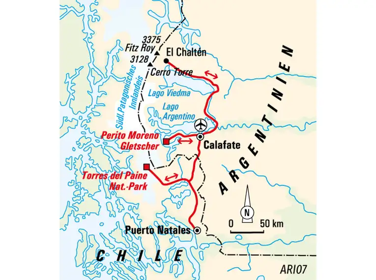 Karte zeigt W-Trek in Torres del Paine, Chile.