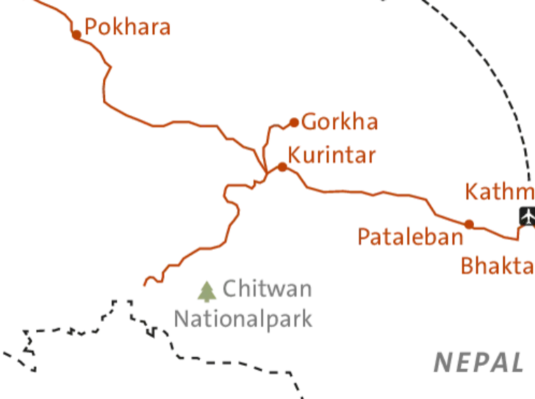 Karte zeigt Route der Nepal-Tour mit Stationen in Kathmandu, Bhaktapur, Gorkha, Kurintar, Pokhara und Chitwan Nationalpark.