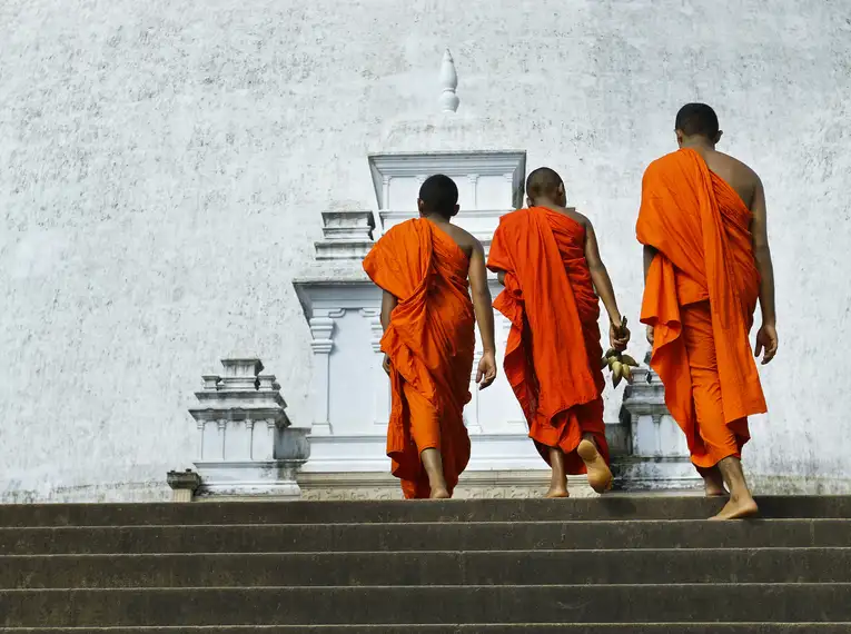 Drei buddhistische Mönche in orangenen Roben gehen eine Steintreppe hinauf.